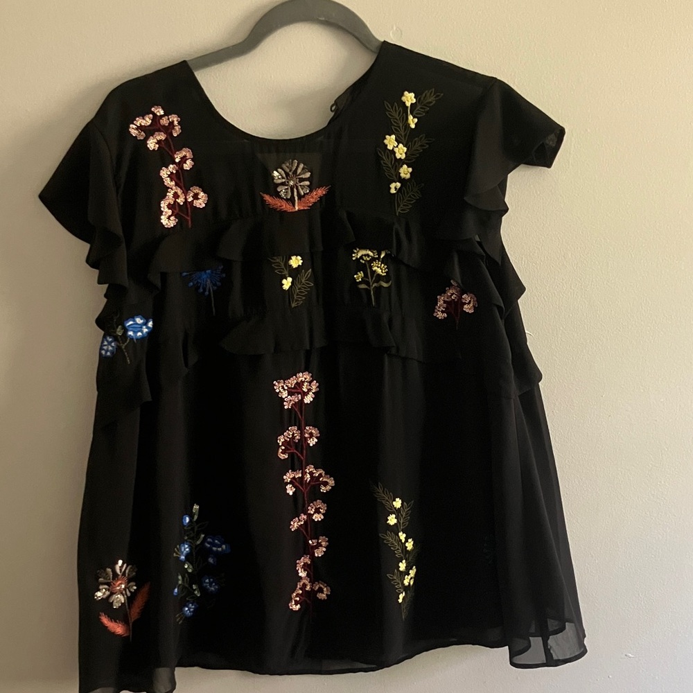 Ranna Gill Black Ruffled Blouse with Multicolor Floral Embroidery